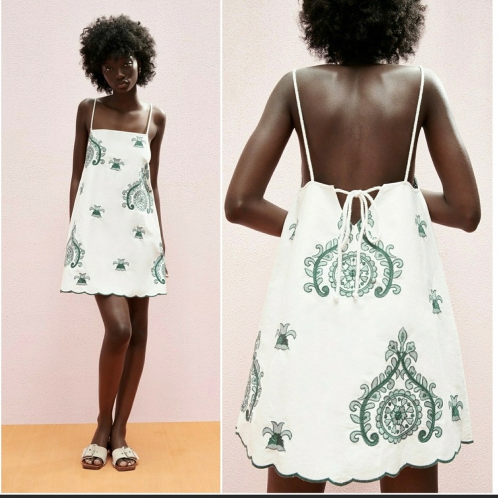 Zara Embroidered Dress White/Green